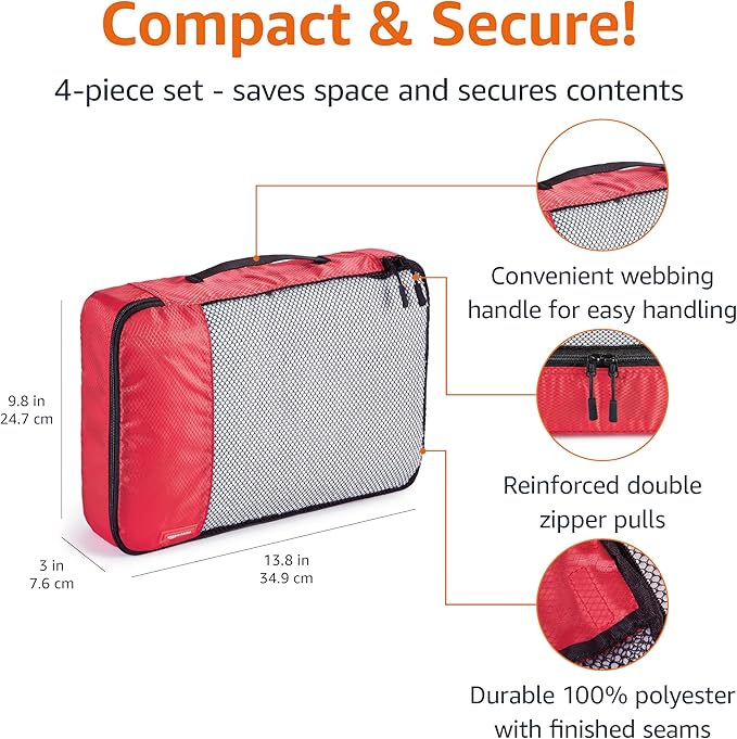 Amazon Essentials 4-Piece Packing Cubes Travel Accessories Set, Luggage Organizer with Double Zipper, Mesh Top, 100% Polyester, Medium, Red (Previously Amazon Basics)