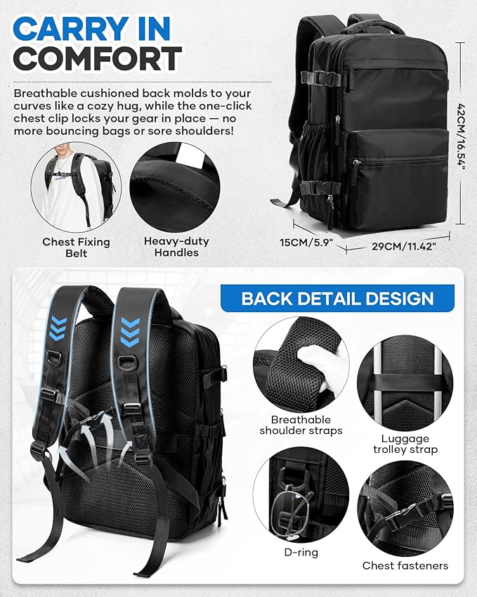 Vacuum Travel Backpack with Pump for Women,Personal Item Carry on Backpacks Flight Approved 18x14x8 inches for Men,Laptop Waterproof Work Compression bags Casual Daypack Black