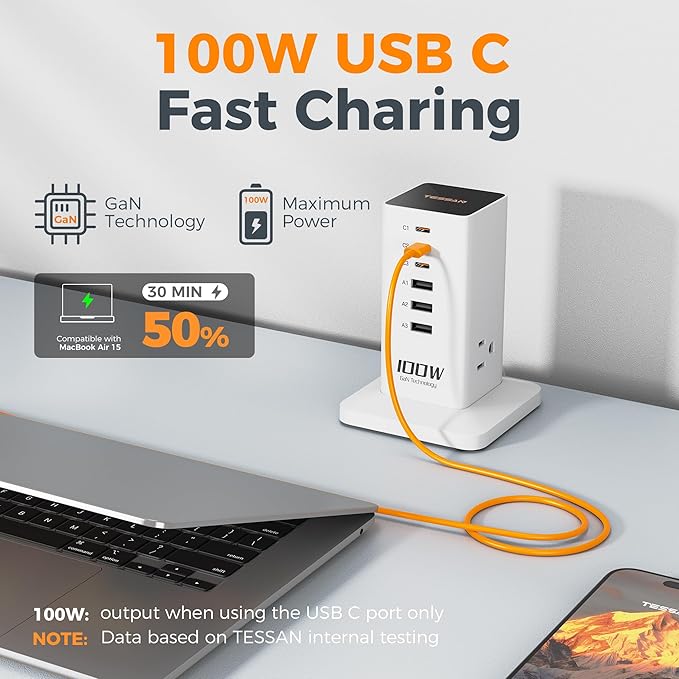 Charging Station PD 100W, TESSAN 9-in-1 USB C Power Strip for iPhone 16/15, MacBook, Tablet, Desktop Phone Fast Charger with 3 AC, 3 USB-A Ports, Home Drom Office Accessories, White