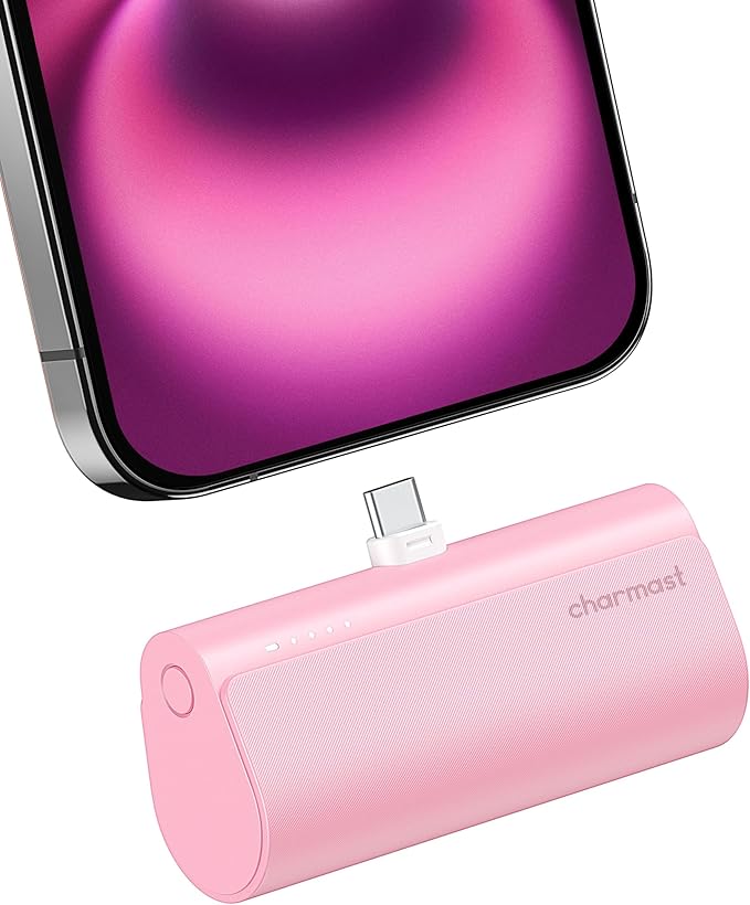 charmast Portable Charger USB C for iPhone 17/16/15, 5000mAh Fast Charging Battery Pack with Built-in Type-C Connector, 20W Mini Power Bank for iPhone 17/16/15 Series, Samsung S22/23 Series, and More