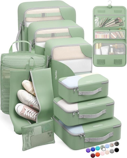 ALL INCLUDED 10 Set Durable Packing Cubes for Suitcases,OlarHike Essentials for Travel,UPGRADED Anti-Tear Stitching, NEW Improved Luggage Packing Organizers for Travel Accessories, Matcha Green