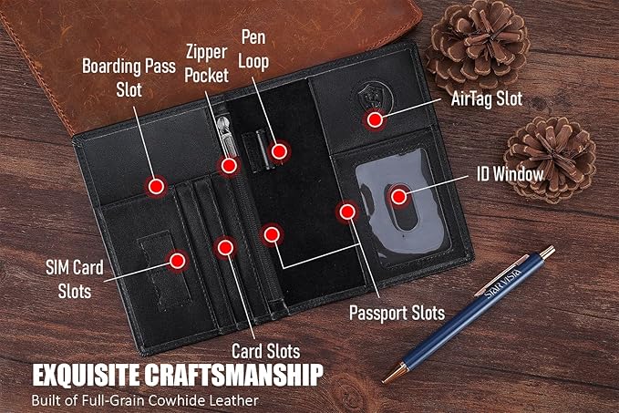 STAR VISTA Phoenix Leather Passport Holder, Calfskin Travel Wallet - RFID Blocking, ID Window, Zipper Pocket, Pen & Notebook Included, AirTag Holder, Black