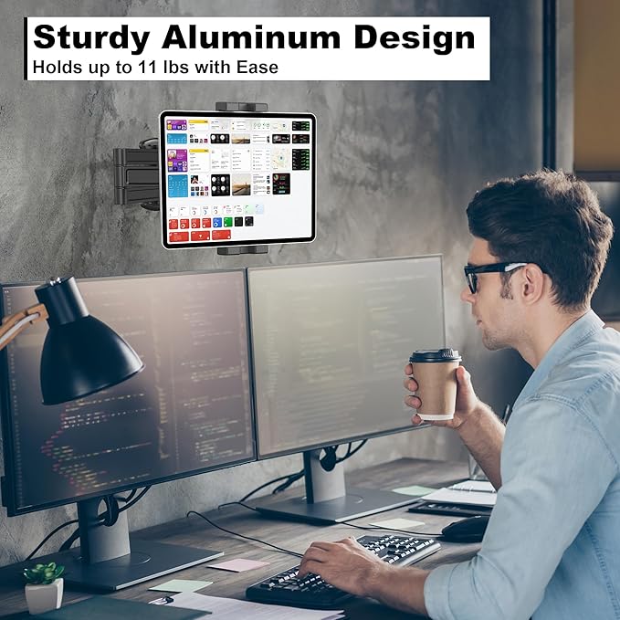 Tablet Wall Mount, Aluminum Sturdy iPad Wall Mount Holder for 7"-12.9" Tablets, 360° Swivel Arm, Easy Installation, Perfect for Classroom Gym Kitchen - Compatible w/iPad Pro Air Mini Samsung
