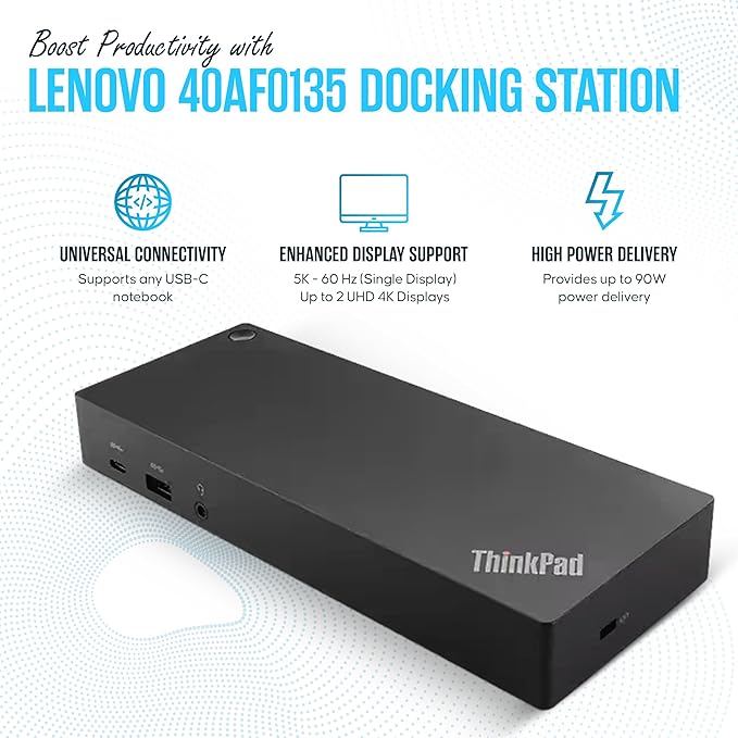 40AF0135US Lenovo Docking Station Dual Monitor Hybrid USB-C with USB-A - Thinkpad Dock with 135W, HDMI & DisplayPort Cable