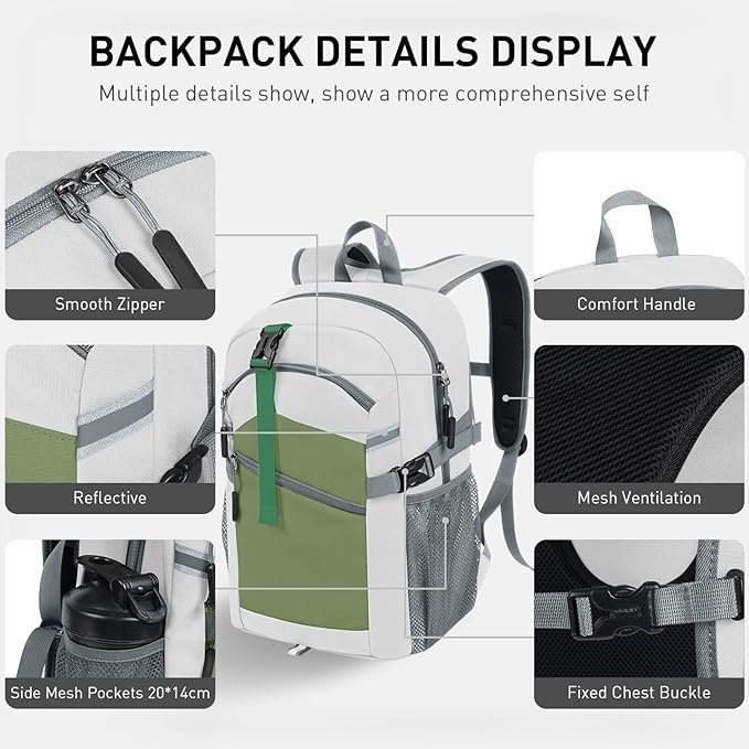 20L Lightweight Hiking Backpack for Men & Women – Small Travel Daypack with Phone Pocket – Durable & Compact for Hiking,Traveling,Camping,and Outdoor Adventure,White