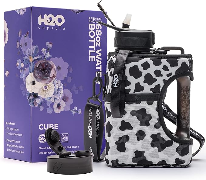 H2O Capsule Half Gallon Cube Square Water Bottle - 2.2L Water Bottle with Strap, Storage Sleeve, Covered Straw and Chug Lid – BPA Free Reusable Sports Water Jug with Handle, (68 Ounce), (Cow)