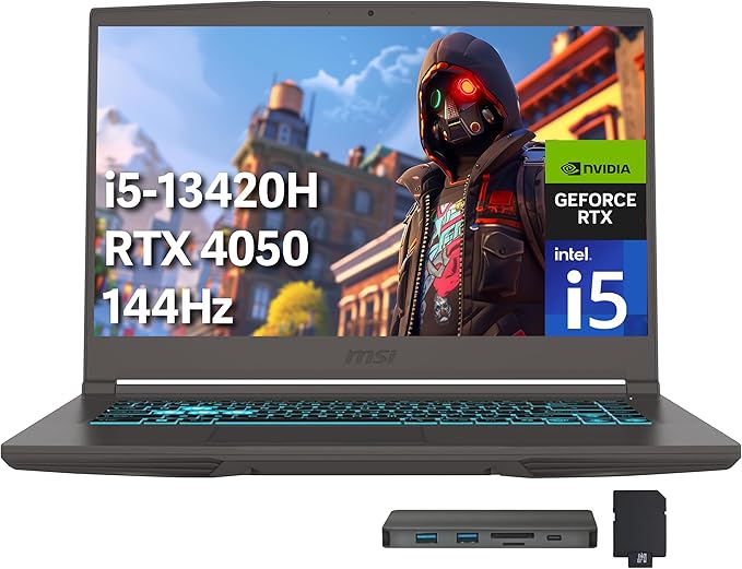 msi Thin 15 15.6" FHD 144Hz Gaming Laptop, Intel i5-13420H, NVIDIA GeForce RTX 4050, 16GB DDR4 RAM, 512GB PCIe SSD, Backlit Keyboard, Wi-Fi 6E, HD Camera, Windows 11, Gray, 256GB Docking Station Set