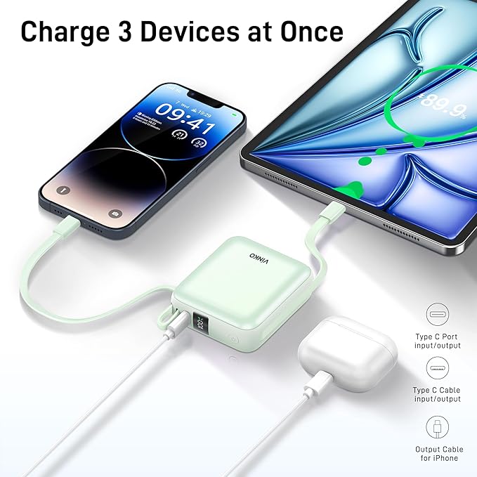 VINKO Small Portable Charger, 22.5W Fast Charging Mini Power Bank 10000mAh with Built-in Cables LED Display, Travel Essential USB-C Battery Pack Compatible with iPhone,Samsung,Android (Green)