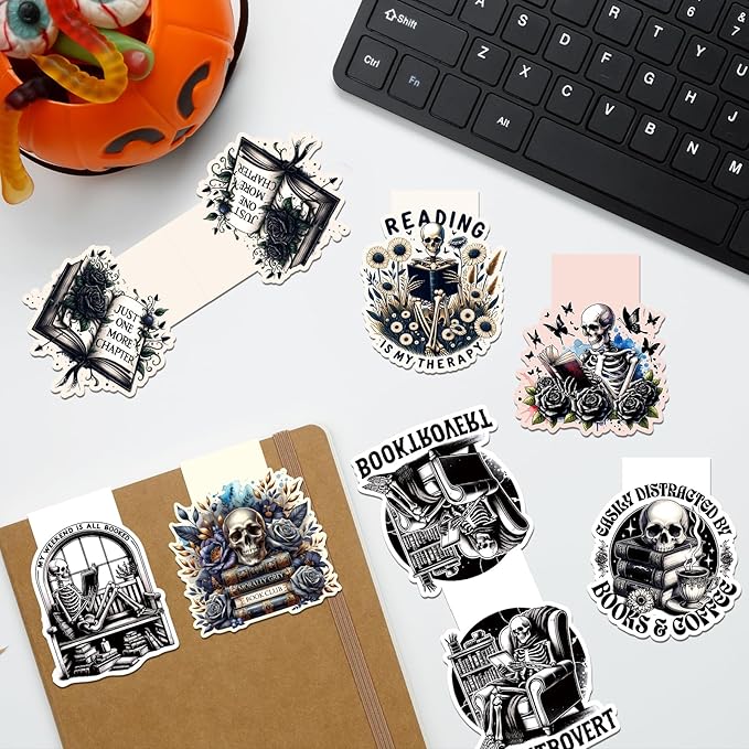 Skeleton Reading Bookmark Magnetic - 8 Pcs Gothic Skeleton Bookmarks Magnets Horror Skull Flower Book Marks Page Magnets Marker Clip Gift for Women Men Students Teacher Book Lovers Reading