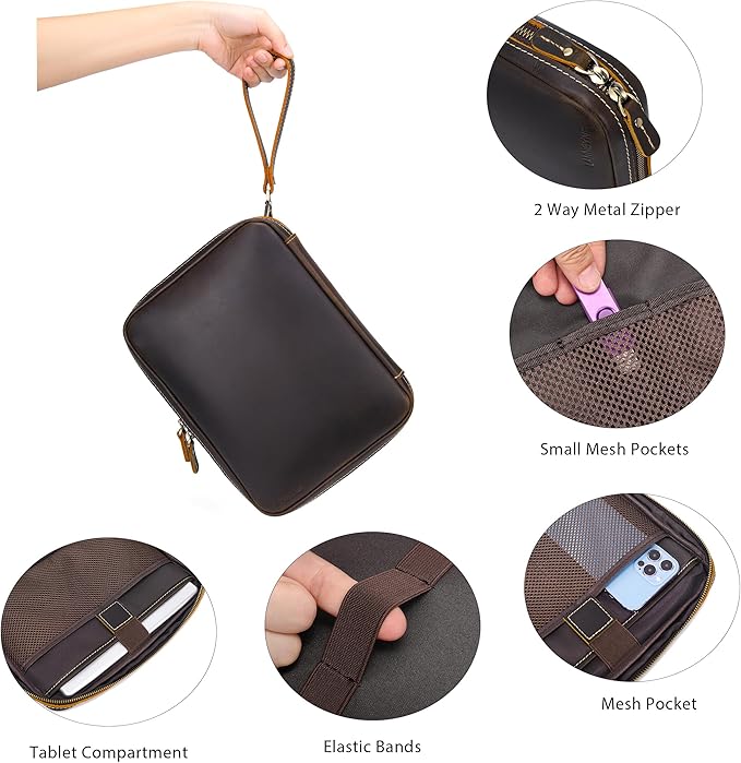 LANNSYNE Full Grain Leather Electronic Organizer Accessory Travel Tech Pouch, Cable Accessories Bag, Storage Carry Case for Charger, Phone, Power Bank, Cables
