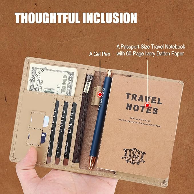 STAR VISTA Phoenix Leather Passport Holder, Calfskin Leather Travel Wallet, RFID Blocking, with ID Window, Zipper Pocket, Card Slots, AirTag Slot, Ivory