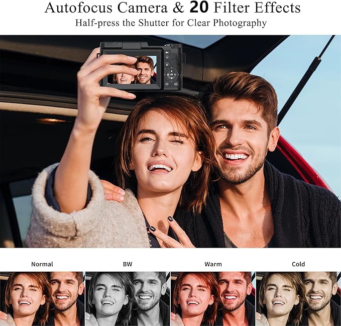 5K Digital Camera for Photography 64MP Auto-Focus Vlogging Camera for YouTube 3" 180° Flip Screen Compact Travel 18X Digital Zoom, Anti-Shake 2 Batteries & 32GB TF Card