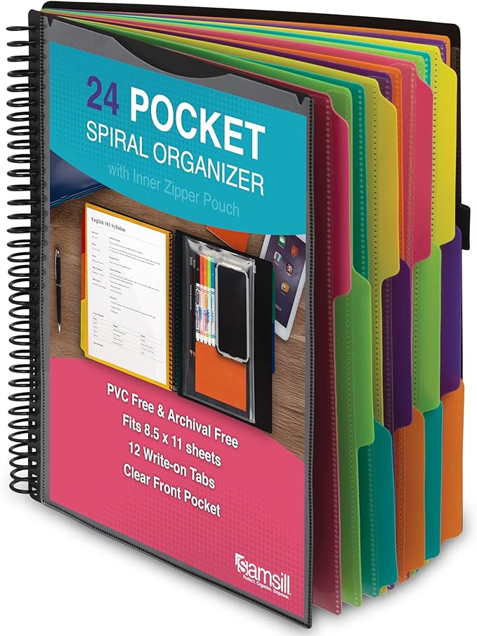 Samsill Deluxe 24 Pocket Spiral Project Organizer with Inner Zipper Pouch, Customizable Front Cover, 12 Dividers with Erasable Write-On Tabs in Fashion Colors, Plastic Folders with Pockets