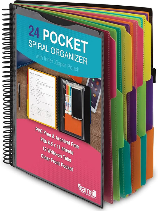 Samsill Deluxe 24 Pocket Spiral Project Organizer with Inner Zipper Pouch, Customizable Front Cover, 12 Dividers with Erasable Write-On Tabs in Fashion Colors, Plastic Folders with Pockets