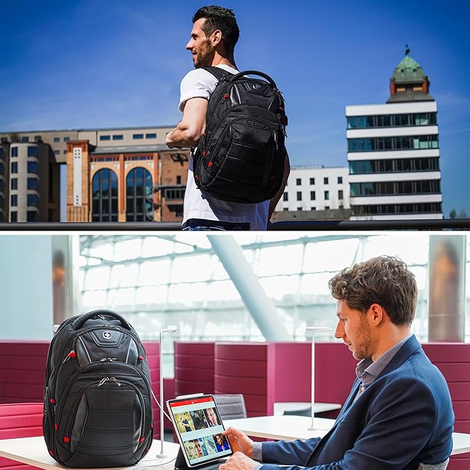 Swissdigital Design Travel Backpack for Men with Finder, TSA Friendly USB Charging RFID Protection Business Backpack Fits 15.6" Laptops Black