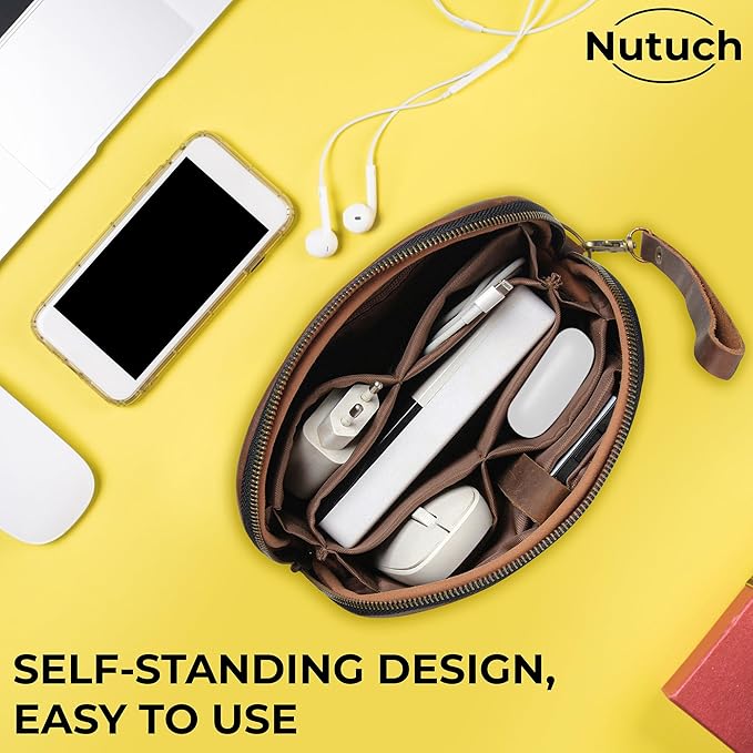 Leather Tech Pouch for Cables Chargers Phone | Tech Bag | Zipper Travel Accessory Pouch | Electronic Organizer Case Travel Bag (Large Vintage Dark Brown)