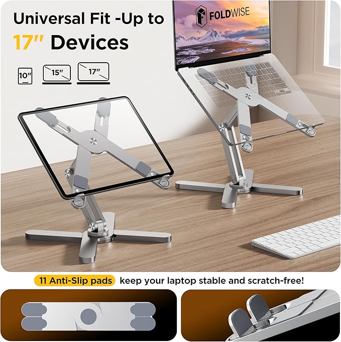 FoldWise X Premium Laptop Stand for Desk - 100% Aluminum, Portable & 360° Rotating - Adjustable Height & Angles Laptop Riser - Sturdy & Foldable MacBook Stand Compatible with All 11-18” Devices
