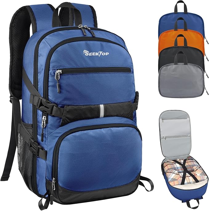 Seektop 40L Hiking Backpack Foldable Daypack for Women Men, Lightweight Travel Backpack Carry on Flight Approved for Camping School Work Business Leisure (Blue)