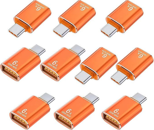 10 Pack 10Gbps/120W USB C to USB3.1 Adapter, Orange Type C Male to USB Female Adapter for Smartphone, PC, Laptop, Tablet, Keyboard etc.