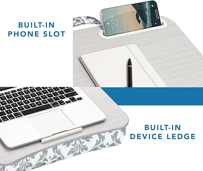 LAPGEAR Designer Lap Desk 2-Pack with Storage Basket, Phone Slot & Device Ledge – Gray Damask – Fits Laptops up to 15.6" – Style No. 70424