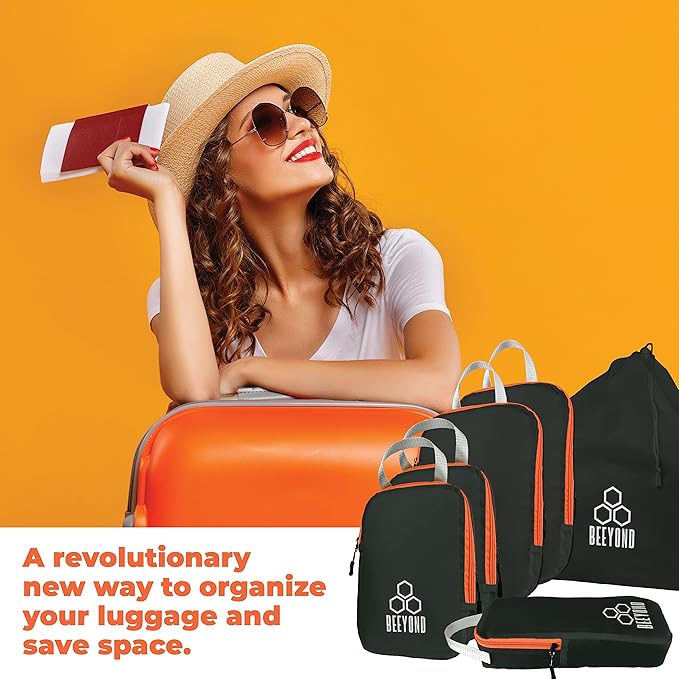 Beeyond Compression Packing Cubes Set - 6 Pieces for Travel and Luggage Organization, Includes Large & Small Cubes, Accessories Bag, and Laundry Bag