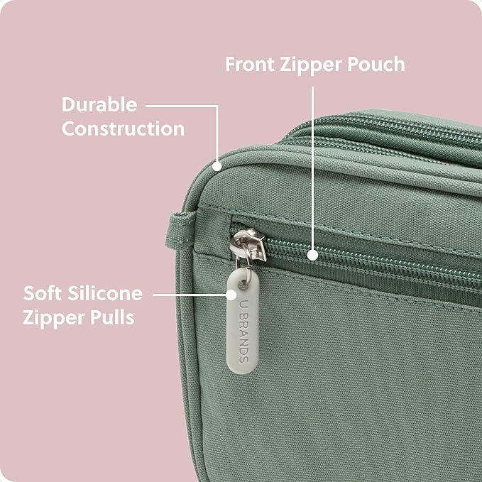 U Brands Dual Zip Canvas Tech Organizer Pouch, 7.8" x 5" Cord Organizer, Computer Accessories, Travel Essentials, Travel Gifts for Men Who Have Everything, Electronics, Eucalyptus Green