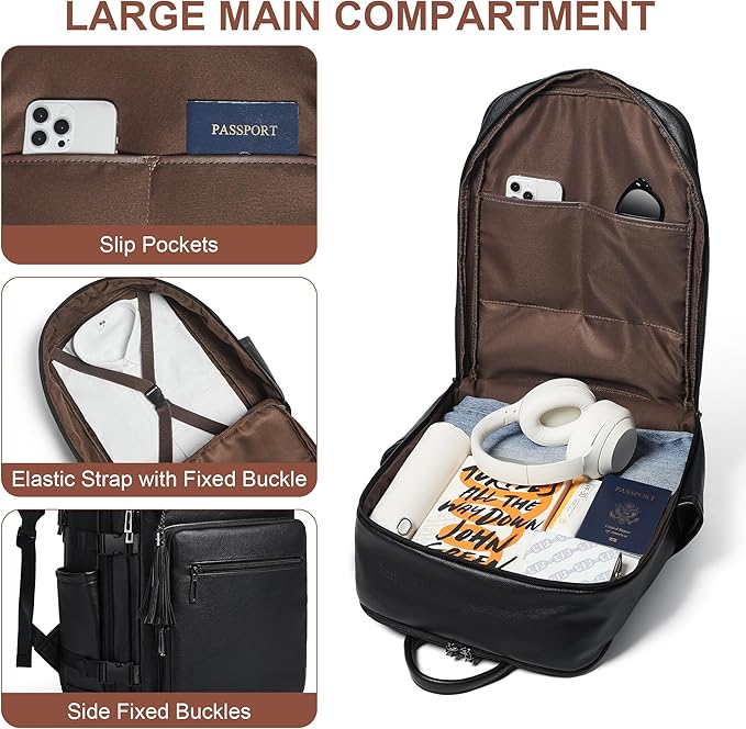 Shrrie Laptop Backpack for Women,Vegan Leather Backpack Work Computer Backpacks fits 16" Laptop,Water Resistant Teacher Nurse Casual Daypack for Weekender Camping Travel,Two-toned Black