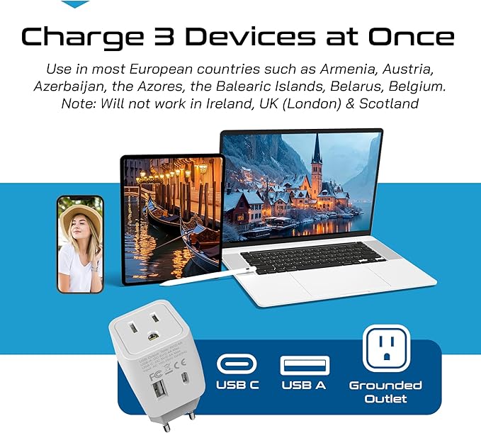 Ceptics 3 in 1 European Travel Plug Adapter - Compact Type C Adapter with USB-A & USB-C, Ideal for Phones, Laptops, Cameras & More, Perfect for Belgium, France and other EU countries - CTU-9C
