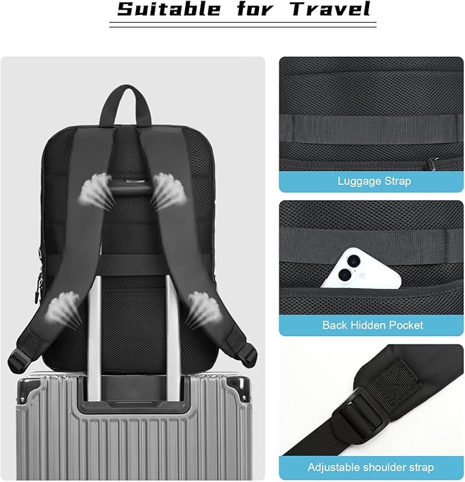 MOSISO Laptop Backpack for Men, Slim Lightweight Compact Computer Backpack for College Work Business Office Travel, 15.6 inch Waterproof Commute Laptop Bag Casual Daypack with Luggage Strap, Black