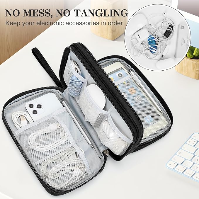FYY Electronic Organizer, Large Travel Cable Organizer Bag Pouch Electronic Accessories Carry Case Portable Waterproof Double Layers All-in-One Storage Bag for Cable, Cord, Charger, Phone, Black