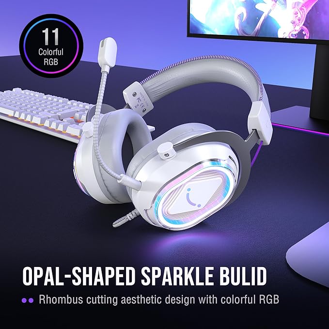 FIFINE USB Gaming Headset: Flowing RGB Lighting - 7.1 Surround Sound - Detachable Mic - Soft Ear Pads, Over-Ear Headset with Control Box, for PC, Laptop, Mac, PS5/PS4 - AmpliGame H13WP (White&Purple)