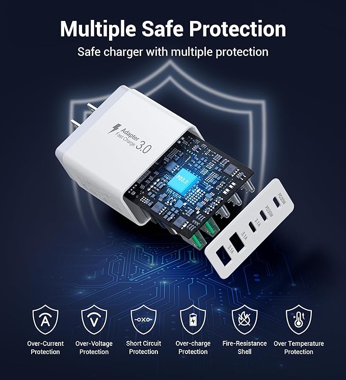 60W USB C Wall Charger Block, 2Pack 5-Port C Charger Fast Charging Block Dual PD Power Adapter&QC 3.0 Wall Plug Multiport Type C Charging Cube Brick for iPhone 12/13/14/15/16/17 Pro Max, iPad,Samsung