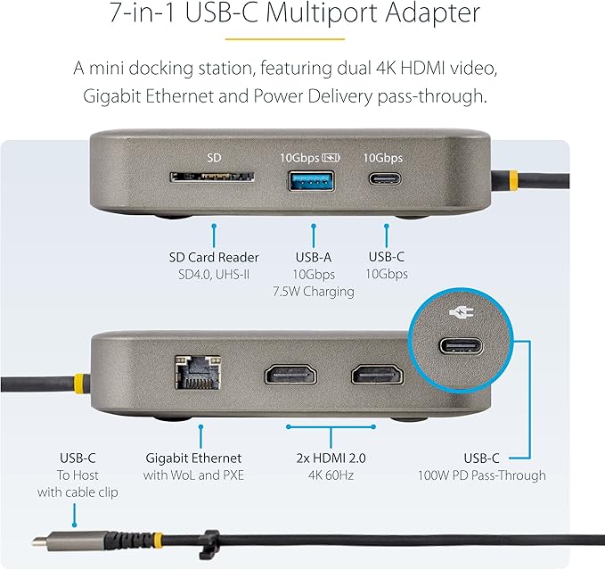 StarTech.com 7-in-1 USB C DisplayLink Dual Monitor Docking Station, Dual 4K 60Hz HDMI Dock for MacBook M1 M2 M3 M4 & Windows, USB 10Gbps Hub, Gigabit Ethernet, SD, 100W PD, 22in (56cm) Cable