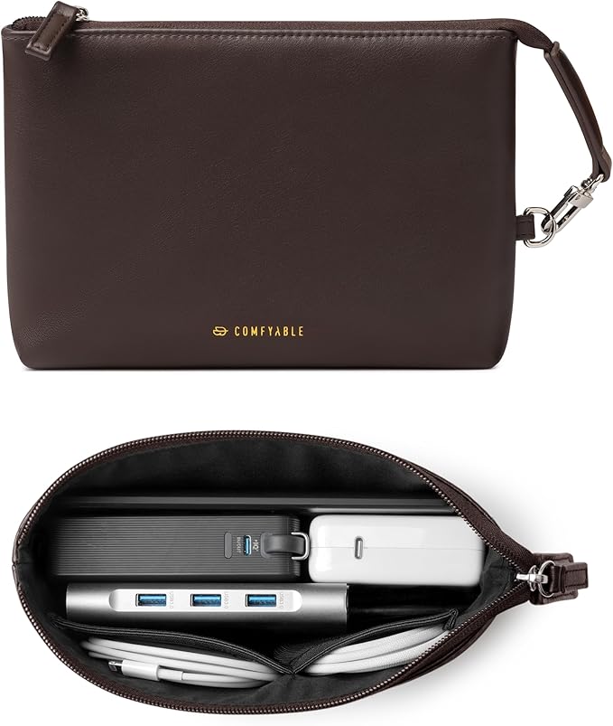 Comfyable Electronic Organizer Travel Case, Cord Storage Bag for Tech Accessories, Water-resistant Cable Organizer, Premium Leather Pouch for Charger, Phone, Cable, Mouse, Power Bank, Chocolate