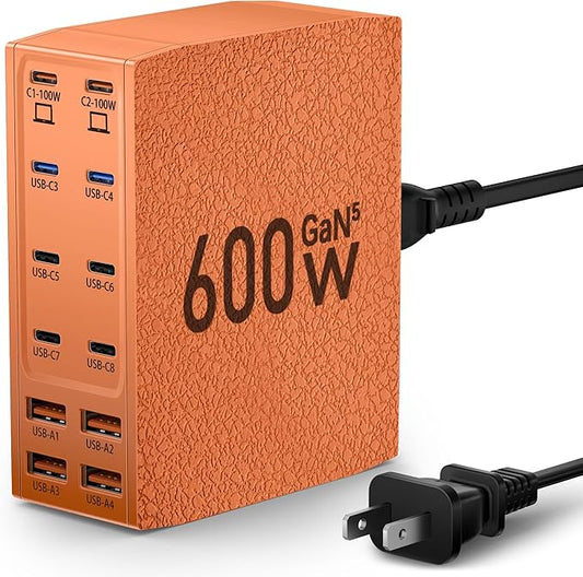 USB Charging Station (600W),12-Port USB C Charger Block with Dual 100W PD USB-C Fast Charging Station Hub for MacBook Pro/Air/All iPad Phone 17/16 15/14/13/Pro Max/Samsung Galaxy Note(Orange)