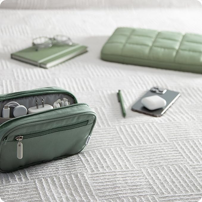 U Brands Dual Zip Canvas Tech Organizer Pouch, 7.8" x 5" Cord Organizer, Computer Accessories, Travel Essentials, Travel Gifts for Men Who Have Everything, Electronics, Eucalyptus Green