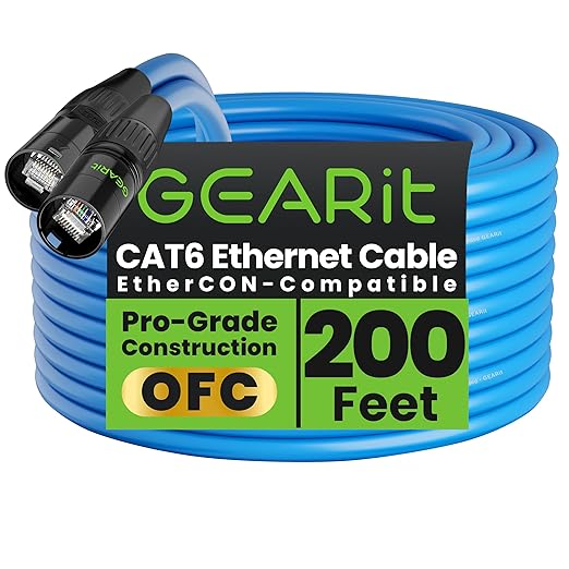 GEARit Shielded CAT6 Ethercon Cable (200 Feet) Professional Audio & Lighting RJ45 EtherCON-Compatible Cable for Studio, Stage, Concerts - 200ft Blue
