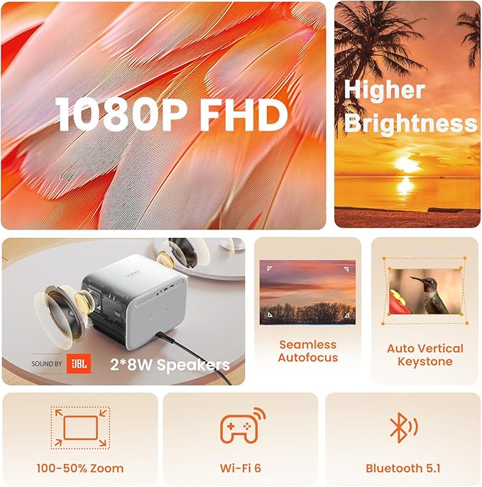 [Sound by JBL & Seamless Autofocus] Yaber 1080P Projector with WiFi 6 and Bluetooth, Portable Outdoor Movie Projector, Home Theater Projector for iPhone/TV Stick/HDMI/USB/Laptop/PS5-Gray