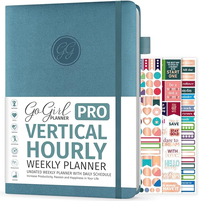 GoGirl Planner PRO Schedule - Undated Planner with Hourly Time Slots, Monthly, Weekly & Daily Organizer, Appointment Book for time Management, 7"x10" Hardcover, Lasts 1 Year - Aquamarine
