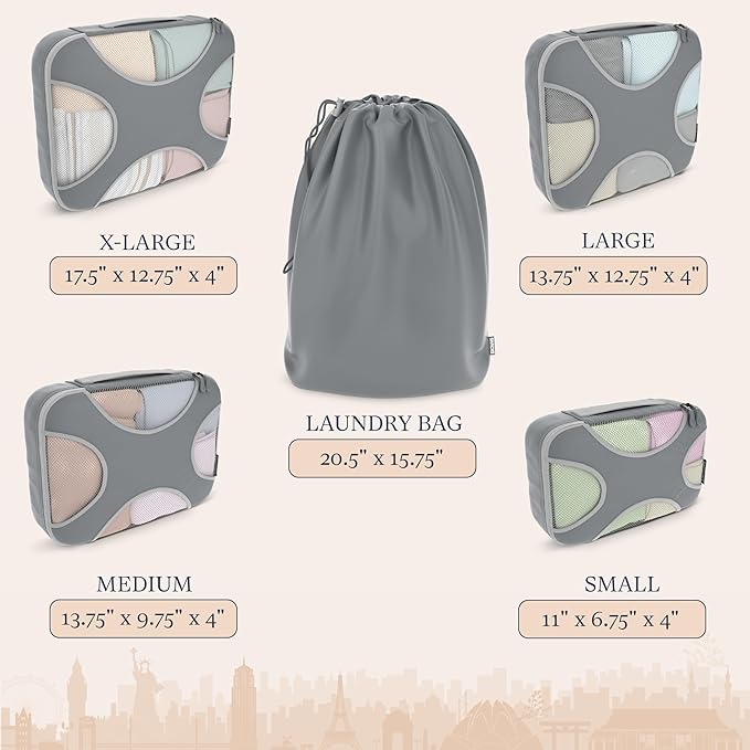 Shacke Premium 5 Packing Cubes Set - Lightweight Mesh Travel Luggage Organizers with Laundry Bag, 5-Piece Suitcase Storage System (Charcoal Gray)