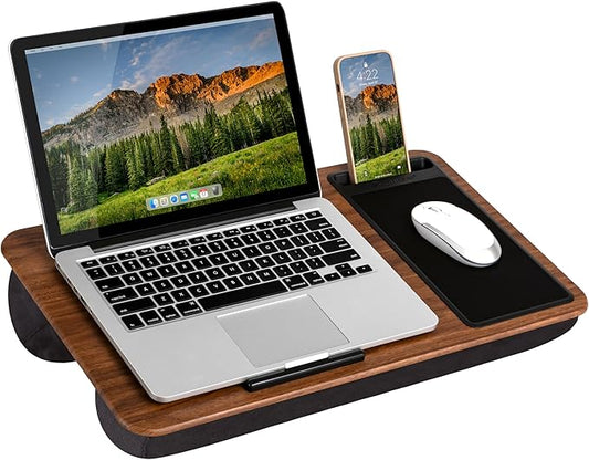 LAPGEAR Home Office Lap Desk with Device Ledge, Mouse Pad, and Phone Holder - Espresso Woodgrain - Fits up to 15.6 Inch Laptops - Style No. 91575