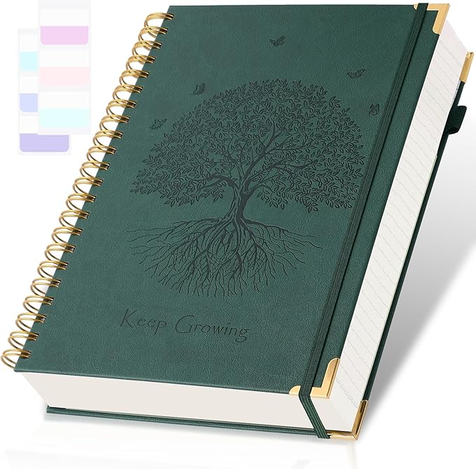 Spiral Notebook, College Ruled Notebook, 8.5" x 11", 300 Pages Leather Journals for Writing, A4 Hardcover Journaling Notebooks for Work School, 24pcs Tabs, Large Embossed Journal for Women Men, Green