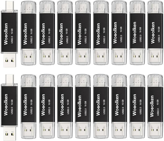 20 Pack 16GB USB C Flash Drive, Wooolken 2-in-1 Type-C Thumb Drive, Dual USB 2.0 Memory Stick Compatible with iPhone 16/15 Smartphone Tablet Computer