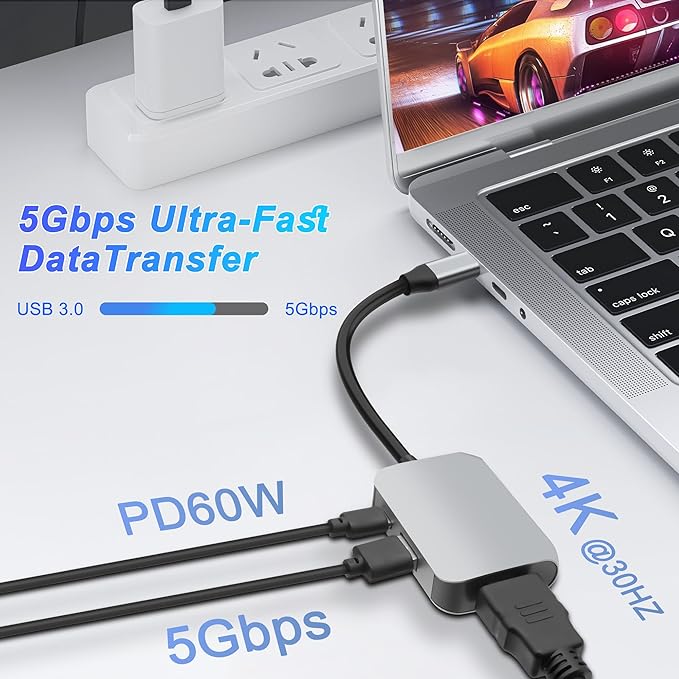 XMSJSIY USB Type-C Hub 3 in 1 Multiport Splitter Adapter with 4K HDMI & 5Gbps USB 3.0 & 100W Type-C PD Fast Data Transfer and Charging for Laptop,PC,TV Phone -1PCS