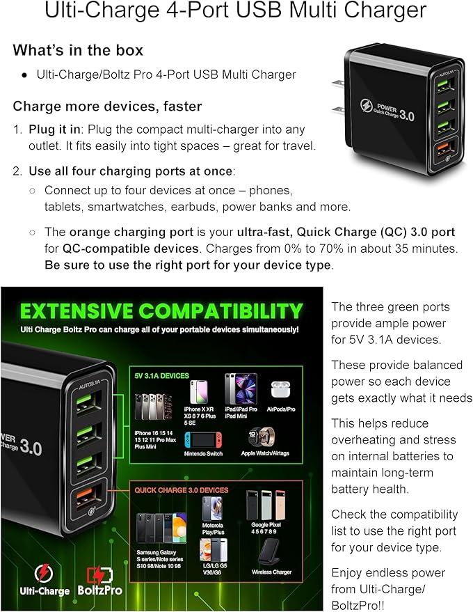 Ulti Charger 4 Ports with Quick Charger Boltz Pro Lightning Fast Charger Fast Charging Block for Smart Phones, Tablets, Devices with Multiple Ports | Wall Charge for Travel & Home