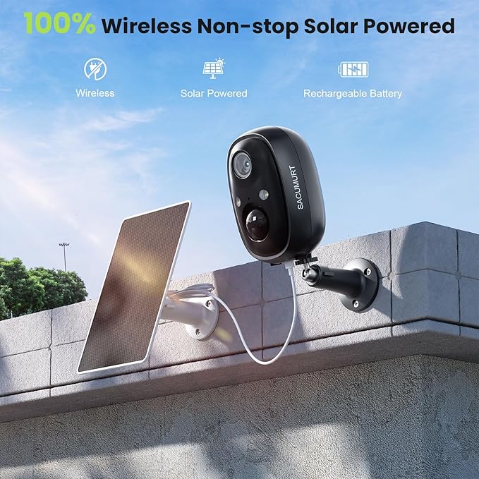 Security Cameras Wireless Outdoor, 2.4GHz WiFi Camera Outdoor Wireless, 2K Cameras for Home Security with Solar Panel, Motion Detection, Works with Alexa & Google Home, Color Night Vision, 2-Way Talk