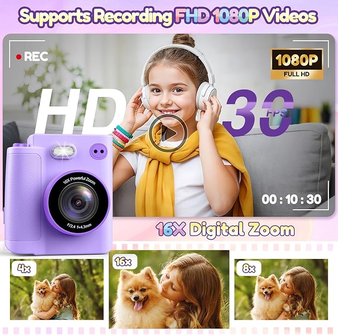 Kids Camera Gift for Girls: Selfie Digital Instant Print Cameras HD Toys for Kids Teen Girls Boys Ages 3 4 5 6 7 8 9 10 12 Birthday Christmas Valentines Easter Gifts with 32G SD Card Purple
