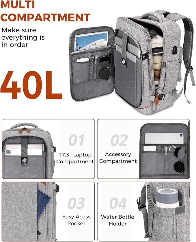 Vancropak Carry on Backpack, Flight Approved Travel Backpack with 3 Packing Cubes, Expandable Large 40L Travel Bag fits 17.3" Laptop, Anti Theft Luggage Suitcase Weekend Daypack for Women Men, Grey