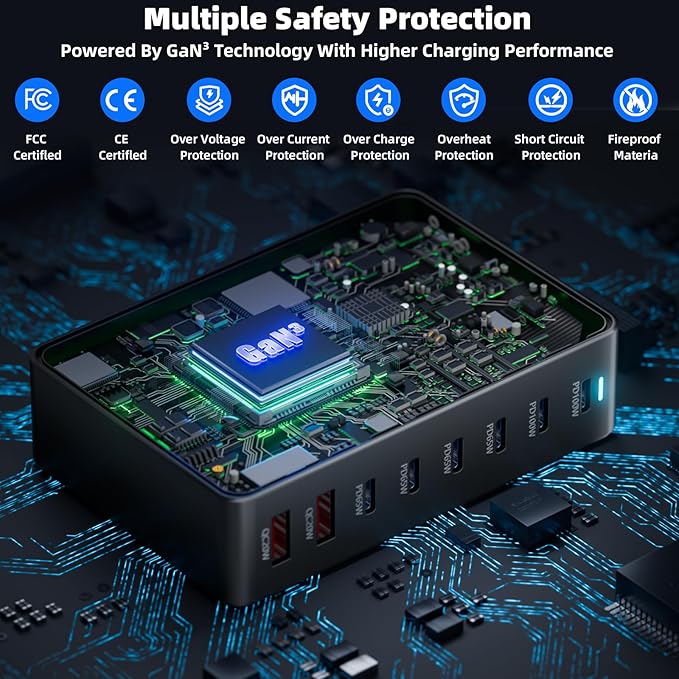 500W Fast Charging 8 Port USB C Charger Block with Nylon Fast Charging Cable, Multi-Device Charging Station Wall Desktop Charger with GaN Ⅲ Technology, USB-C Charger Adapter for MacBook/iPad/iPhone 16