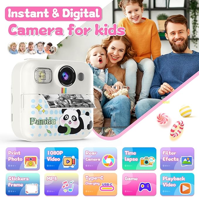 Kids Camera Instant Print, Christmas Birthday Gifts for Girls Age 3-10, Toy for 3 4 5 6 7 8 9 10 Year Old Girls with 3 Roller Photo Paper (White)